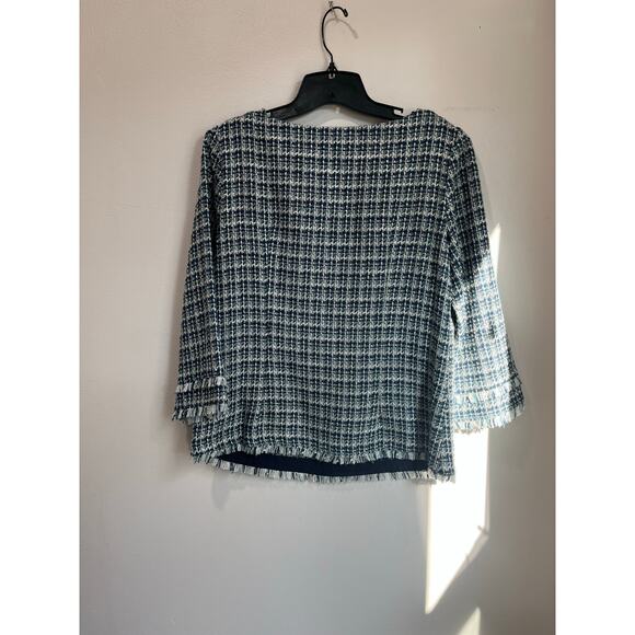Ann Taylor Blue White Tweed Top Fringe Trim Blouse Size 8 - Picture 2 of 7